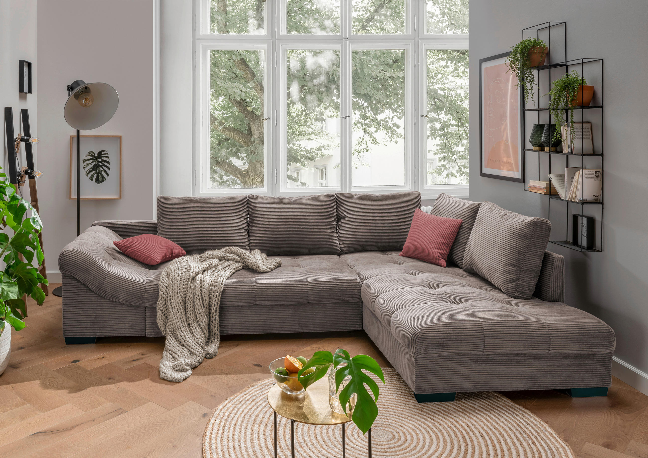 ECKSOFA Taupe Cord  - Taupe/Koralle, Design, Holz/Textil (298/202cm) - MID.YOU