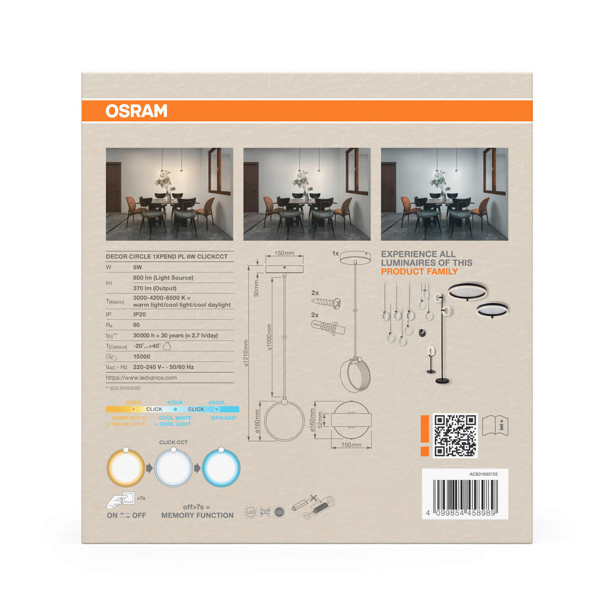 LED-PENDELLEUCHTE 16/15/121 cm  - Schwarz, Basics, Kunststoff (16/15/121cm) - Osram