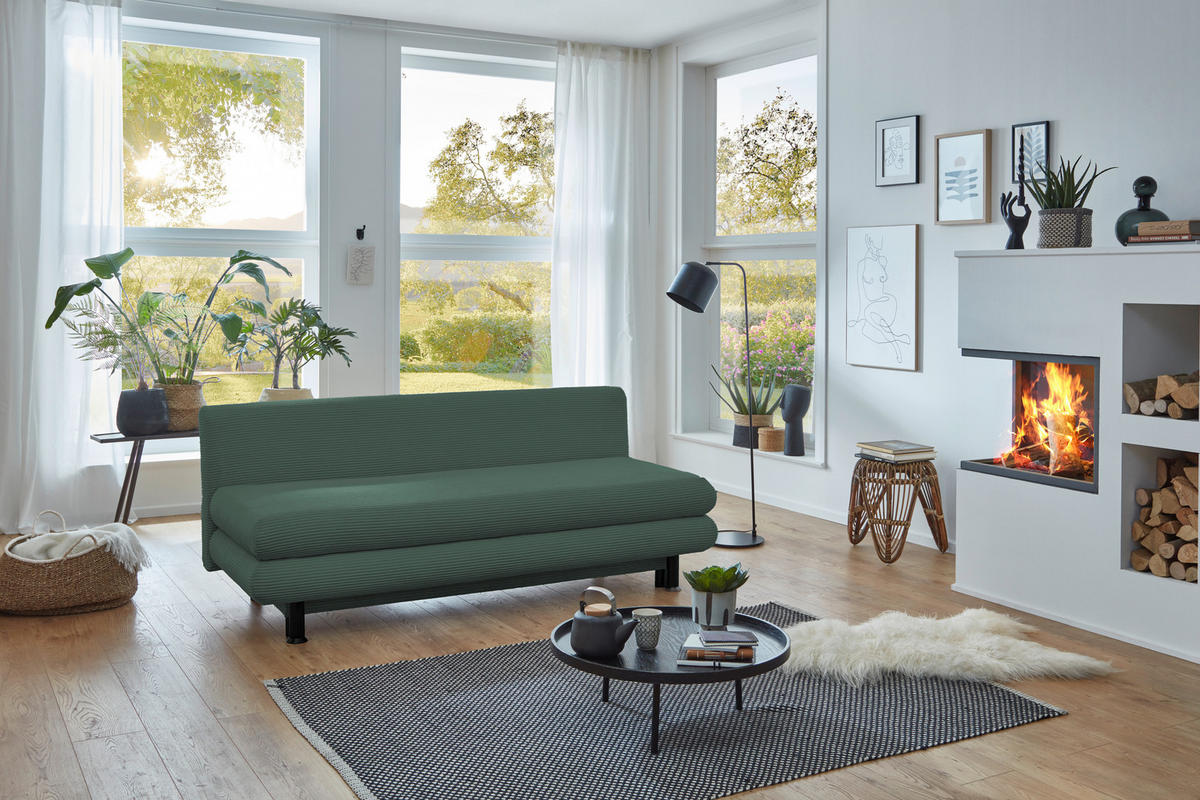 SCHLAFSOFA Cord Grün  inkl. Rückenkissen, Armlehnenkissen, Bettkasten, Schlaffunktion, Rücken echt, Liegefläche im Originalstoff  - Schwarz/Grün, KONVENTIONELL, Kunststoff/Textil (196/77/92cm) - Carryhome