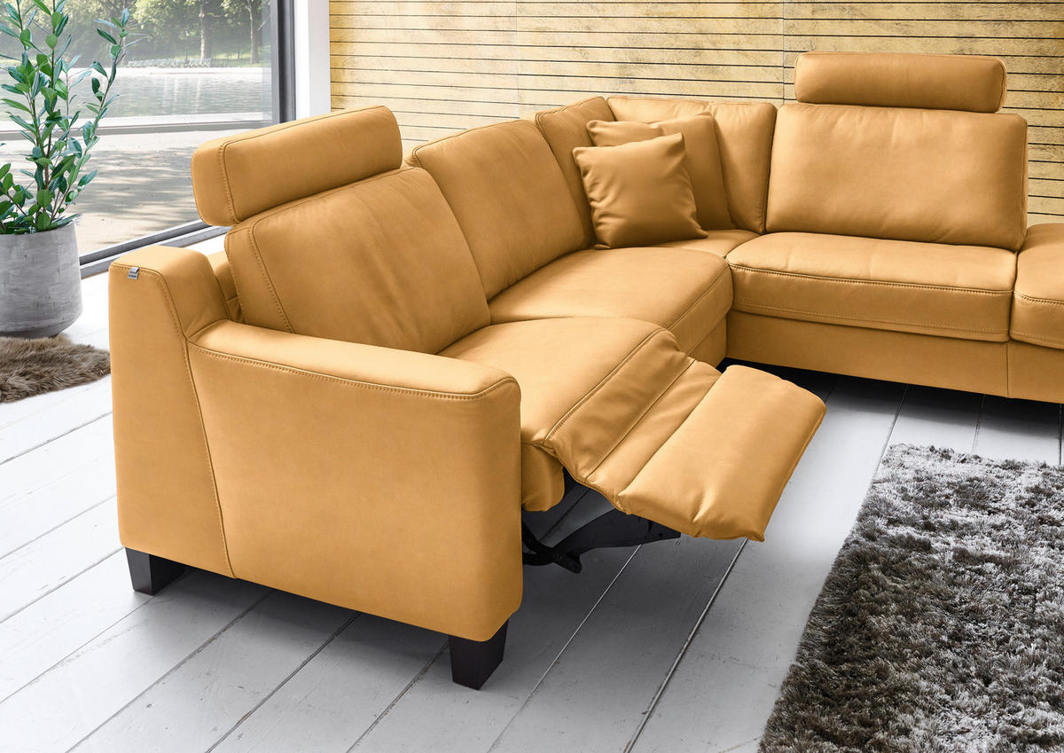 ECKSOFA in Echtleder Currygelb  - Currygelb/Eichefarben, Design, Leder/Holz (259/235cm) - Valdera