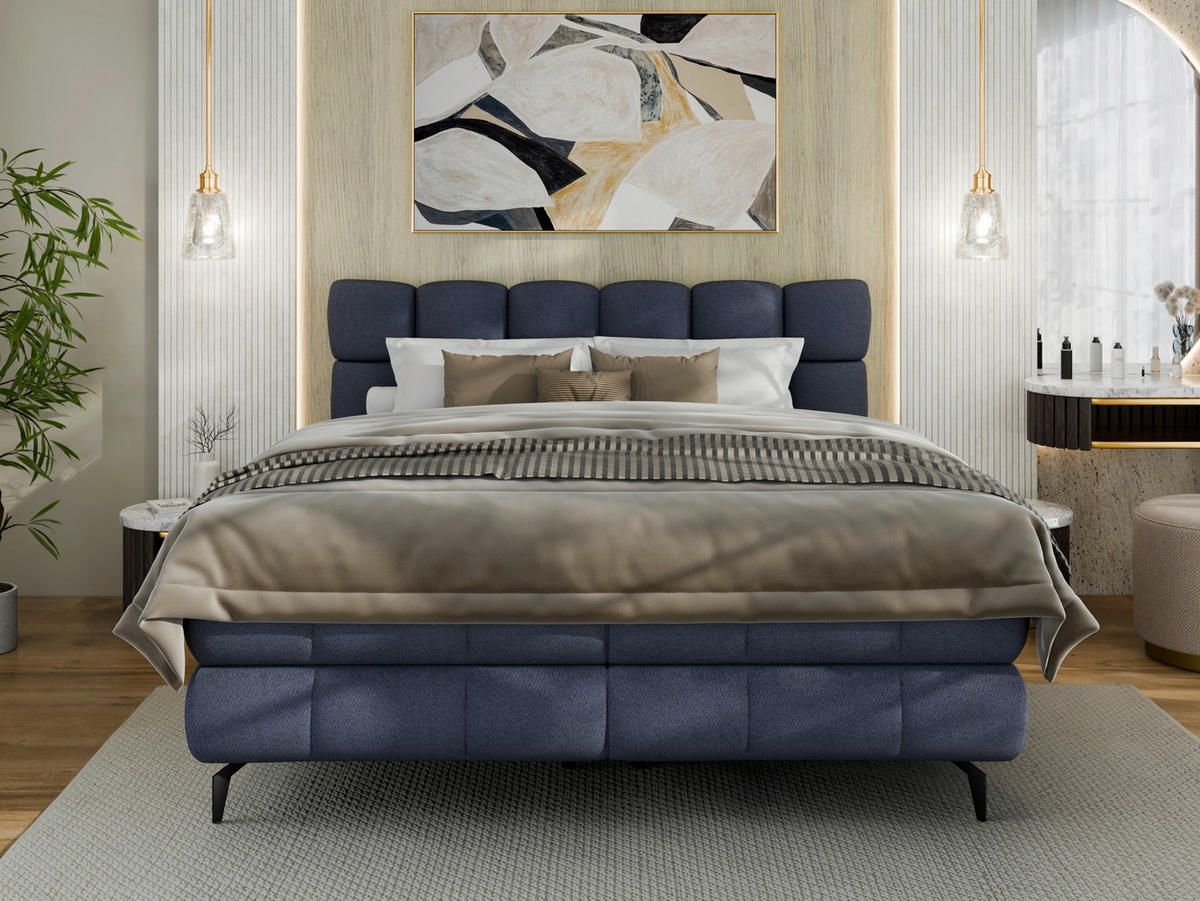 BOXBETT 160/200 cm,  in Blau, Bettkasten, Topper, H3 + H3 = fest  - Blau/Schwarz, Trend, Textil/Metall (160/200cm) - Esposa