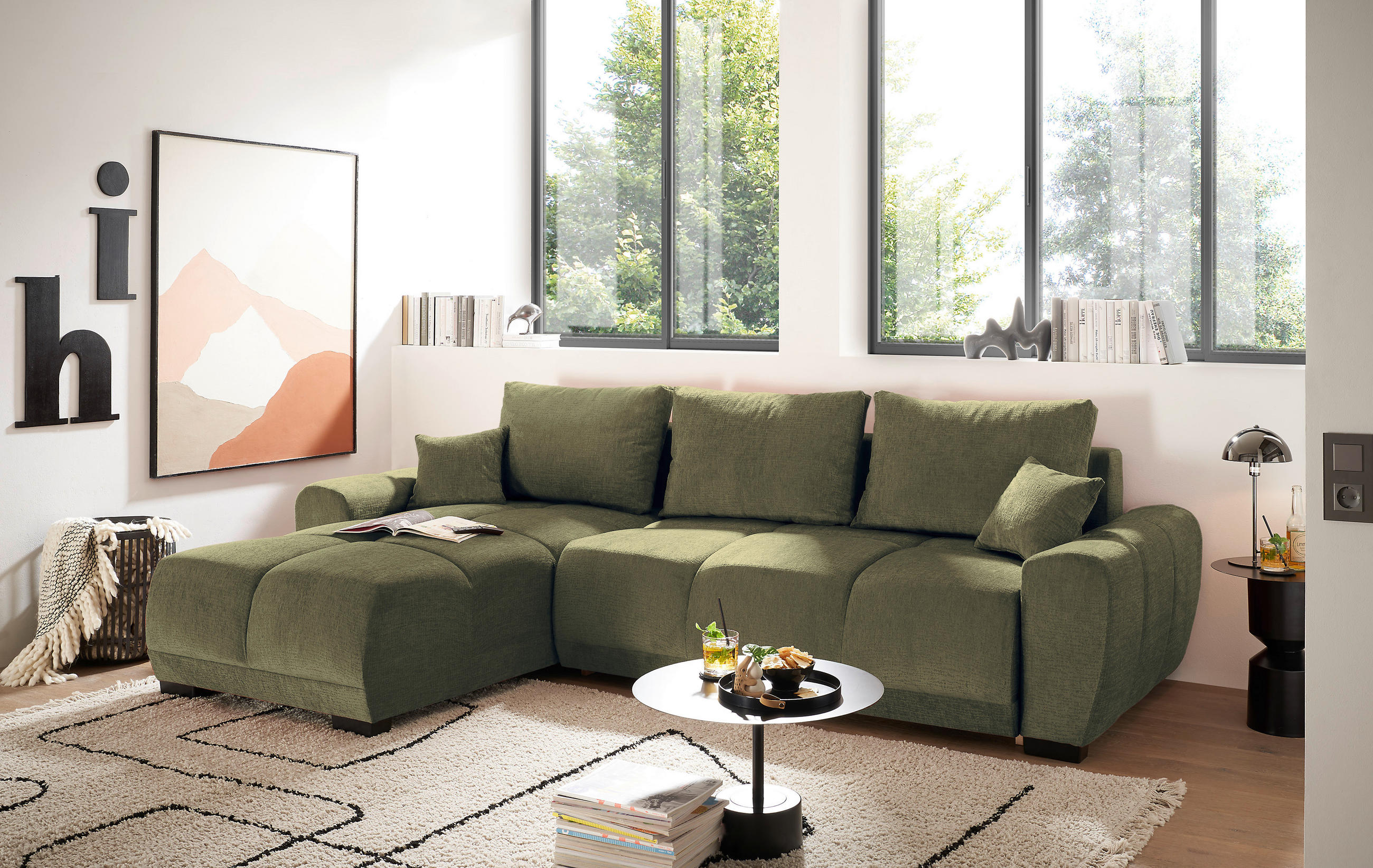 HÖRNBÄDDSOFFA 3-sits i chenille mörkgrön  - svart/mörkgrön, Basics, textil/plast (294/183cm) - Livetastic