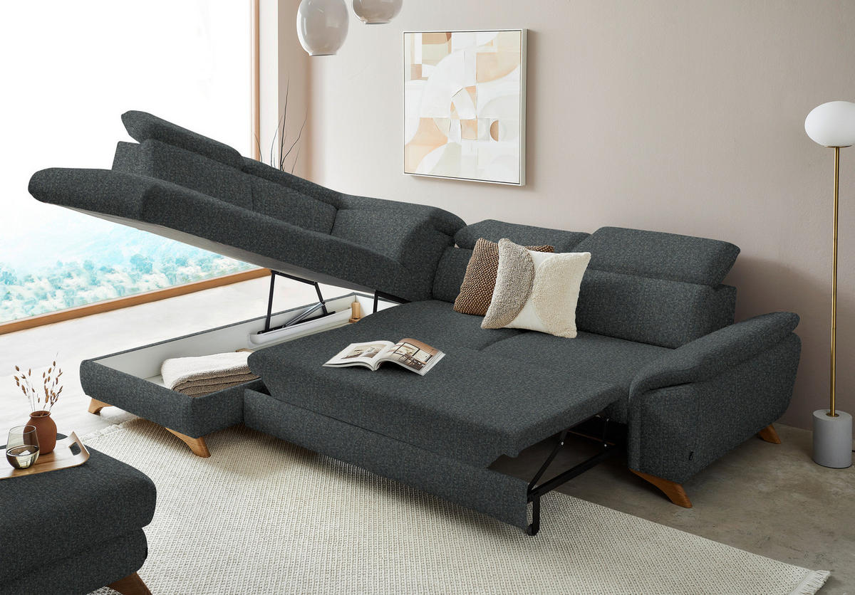 ECKSOFA in Chenille Grau  - Eichefarben/Grau, Modern, Holz/Textil (212/287cm) - Valnatura
