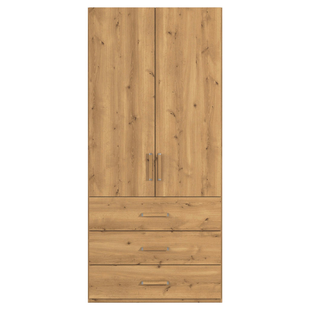 Thumbnail - Novel Drehtürenschrank, Eiche, Holzwerkstoff, 2 Fächer, 3 Schubladen, 101x223x60 cm, Blauer Engel, Goldenes M, BQ - Bünd...