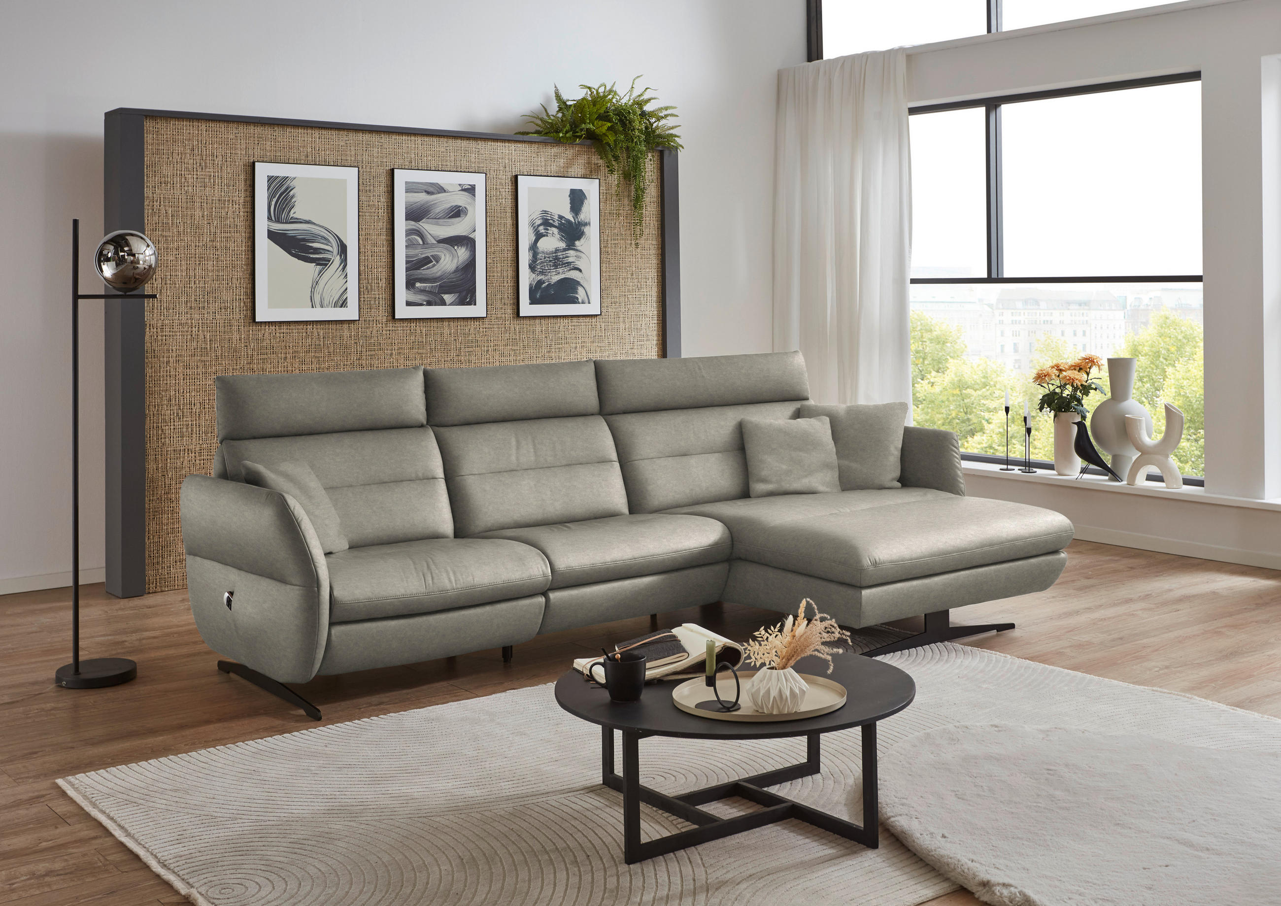 ECKSOFA in Echtleder Hellgrau  - Hellgrau/Schwarz, Design, Leder/Metall (300/157cm) - Dieter Knoll