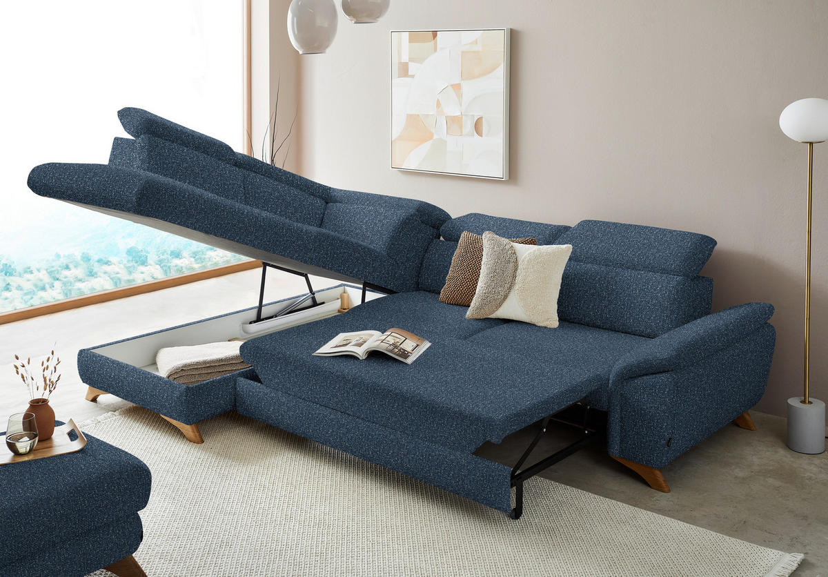 ECKSOFA in Bouclé Blau  - Blau/Eichefarben, Modern, Holz/Textil (212/287cm) - Valnatura