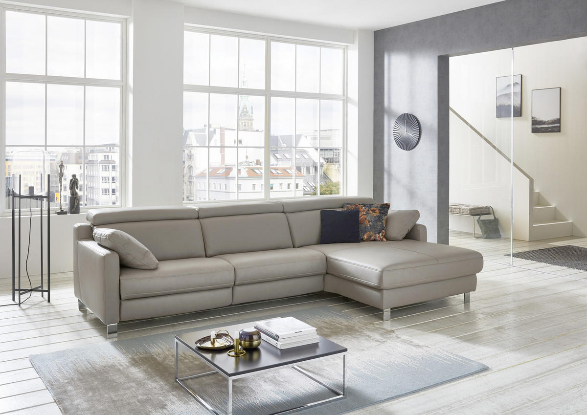 ECKSOFA in Echtleder Grau  - Chromfarben/Grau, Design, Leder/Metall (271/176cm) - Valdera