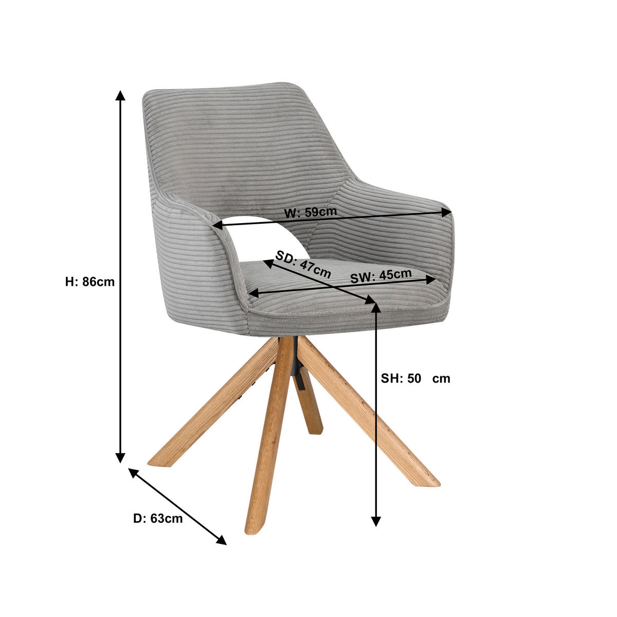 ARMLEHNSTUHL  Sitzfläche 360° drehbar, inklusive Armlehnen Cord  - Eichefarben/Hellgrau, Design, Holz/Textil (60/85/63cm) - Hom`in