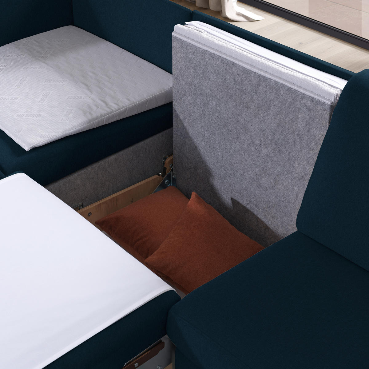 ECKSOFA in Flachgewebe Dunkelblau  203/261 cm  - Eichefarben/Dunkelblau, KONVENTIONELL, Holz/Textil (203/261cm) - Sedda