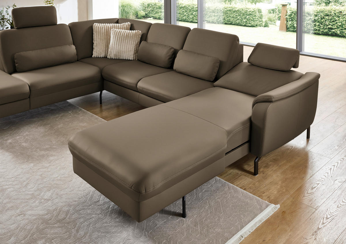 WOHNLANDSCHAFT Echtleder Graubraun  - Graubraun/Schwarz, Konventionell, Leder/Metall (224/306/168cm) - Beldomo Premium