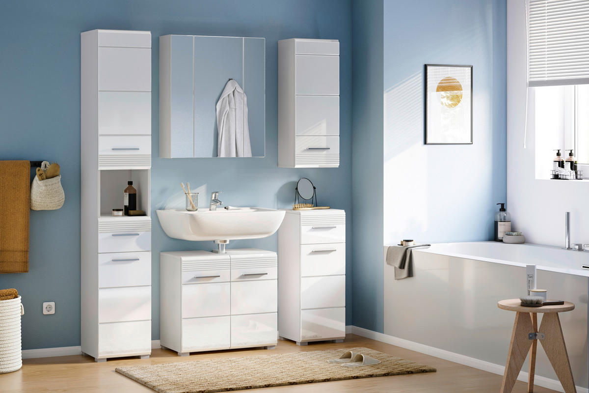 BADEZIMMER 3-teilig  in 90 cm  - Weiß Hochglanz/Silberfarben, MODERN, Glas/Holzwerkstoff (90cm) - MID.YOU