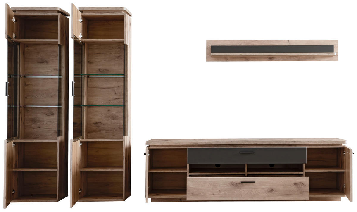 WOHNWAND  in Anthrazit, Eiche dunkel  330/208/50 cm  - Eiche dunkel/Anthrazit, KONVENTIONELL, Glas/Holzwerkstoff (330/208/50cm) - Cantus