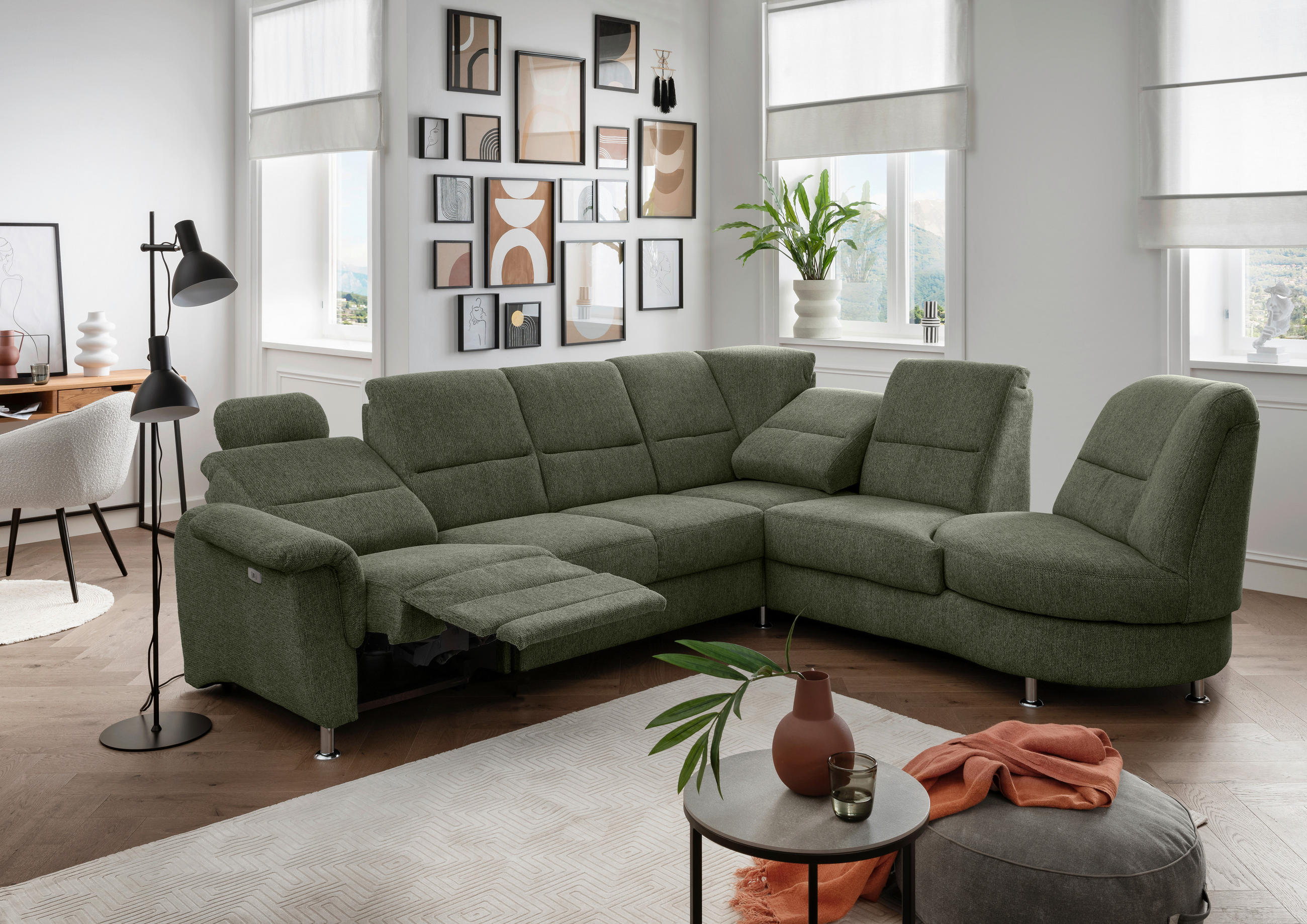 ECKSOFA in Chenille Dunkelgrün  - Chromfarben/Dunkelgrün, Modern, Textil/Metall (275/236cm) - Livetastic