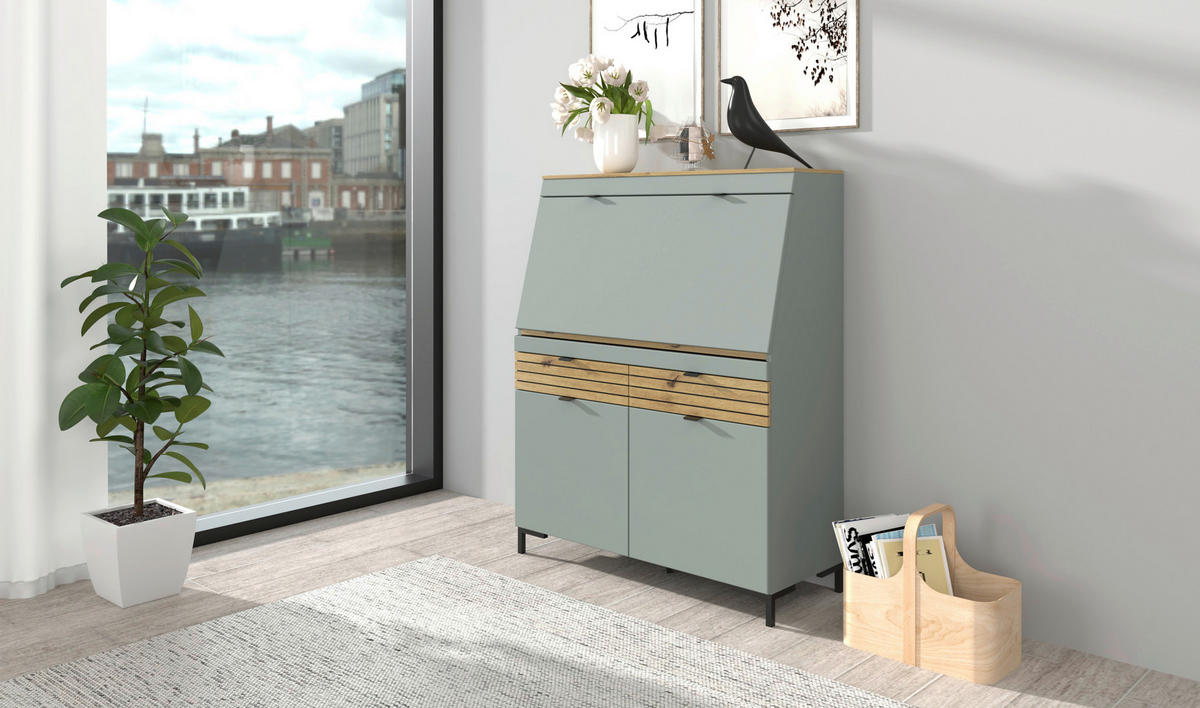 SEKRETÄR   - Schilfgrün/Eichefarben, MODERN, Holzwerkstoff/Metall (98/124/42cm) - Voleo