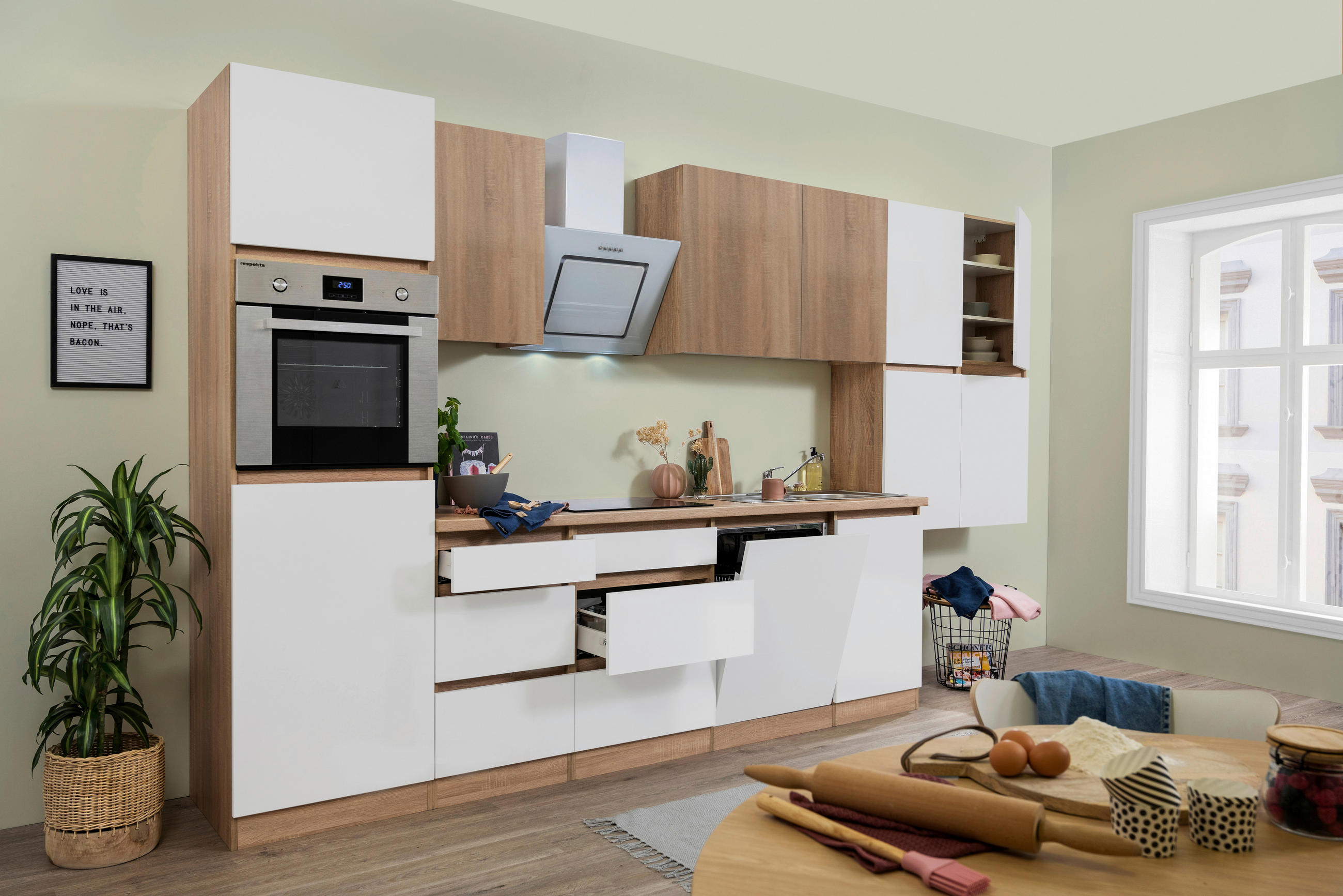 KÜCHENBLOCK 380 cm   in Eichefarben, Weiß Hochglanz  - Eichefarben/Weiß Hochglanz, Basics, Holzwerkstoff (380cm) - Respekta