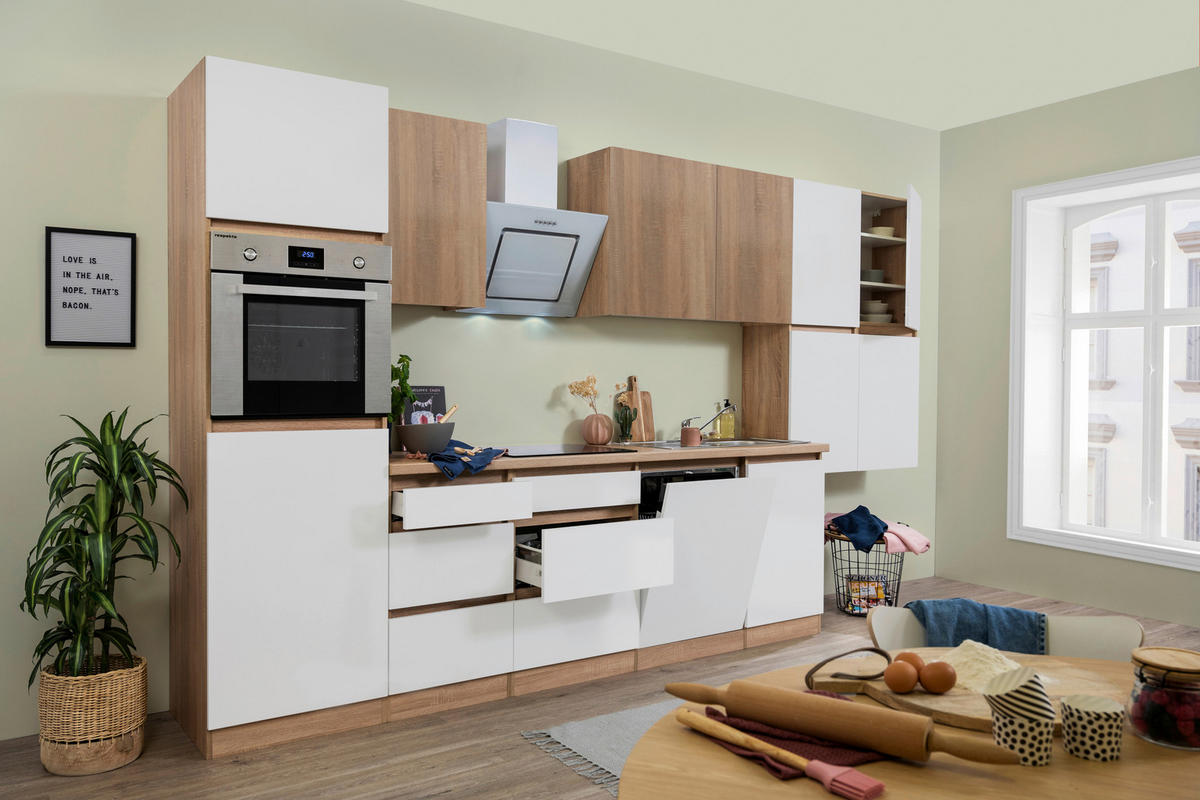 KÜCHENBLOCK 380 cm   in Eichefarben, Weiß Hochglanz  - Eichefarben/Weiß Hochglanz, Basics, Holzwerkstoff (380cm) - Respekta