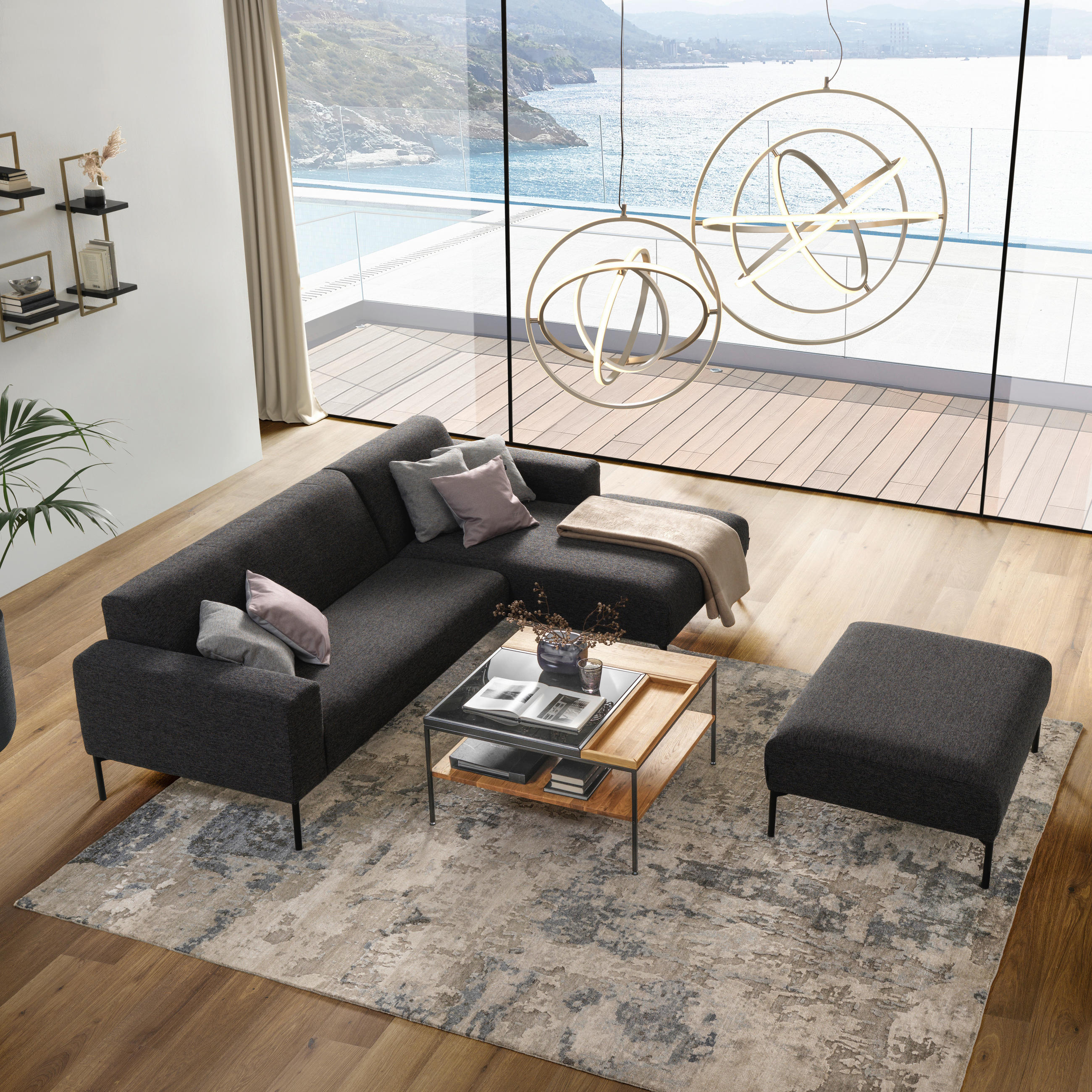 ECKSOFA in Flachgewebe Anthrazit  - Anthrazit/Schwarz, Design, Textil/Metall (168/264cm) - Johann Jakob