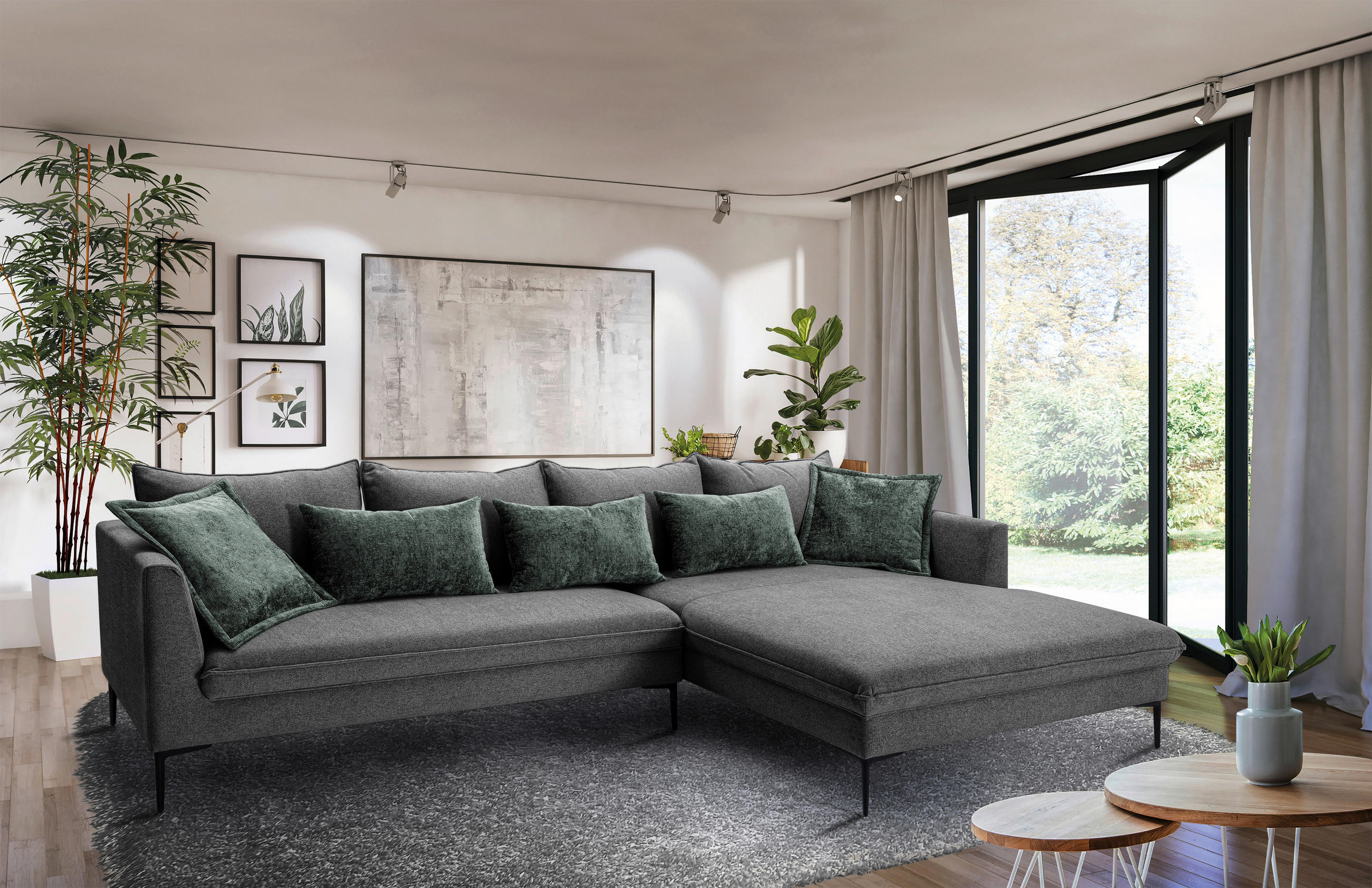 ECKSOFA in Flachgewebe Dunkelgrau  - Dunkelgrau/Schwarz, Design, Textil/Metall (321/187cm) - Livetastic