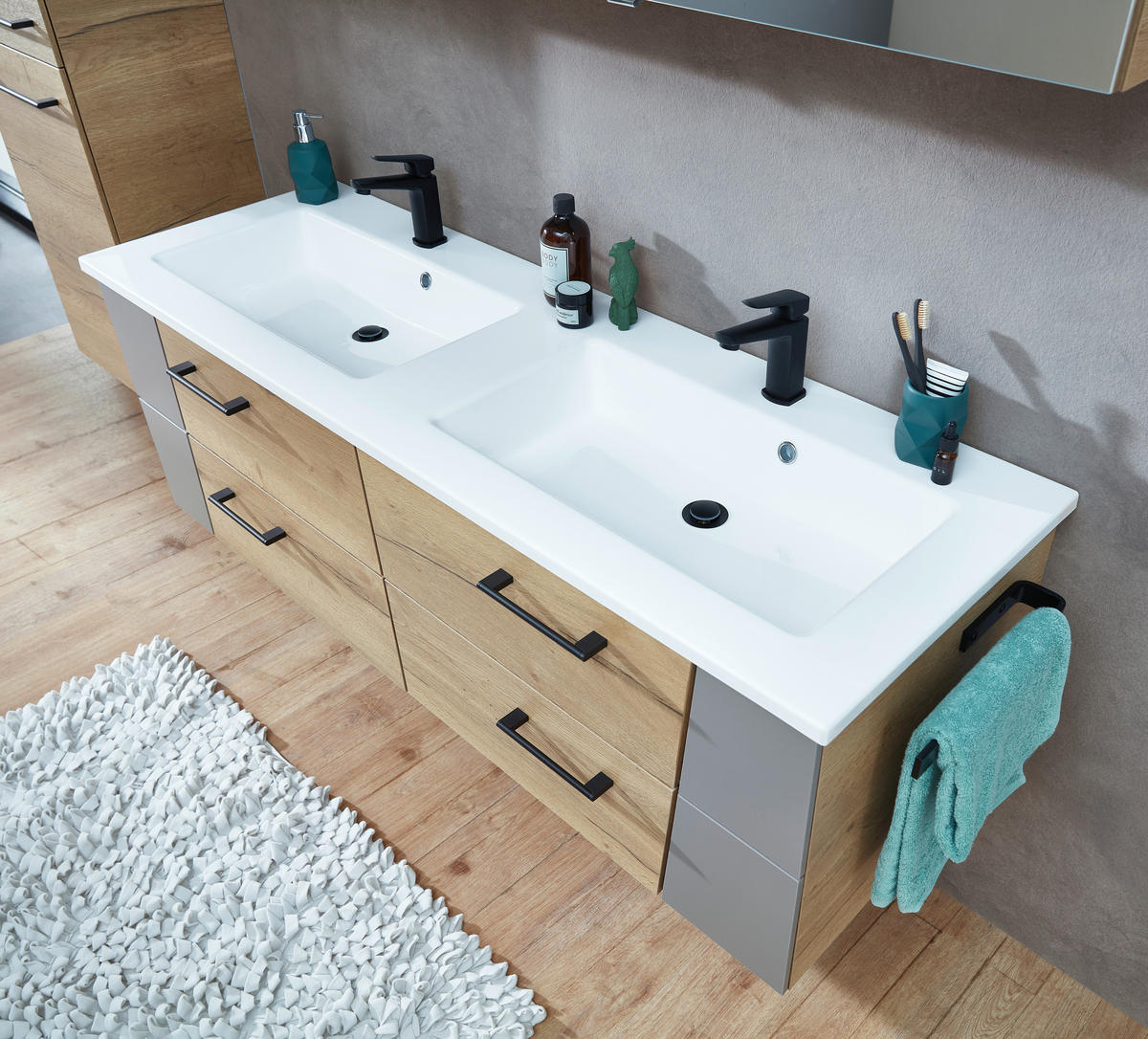 WASCHTISCHKOMBI 153 cm  - Blau/Eichefarben, KONVENTIONELL, Holzwerkstoff/Stein (153cm) - Sadena