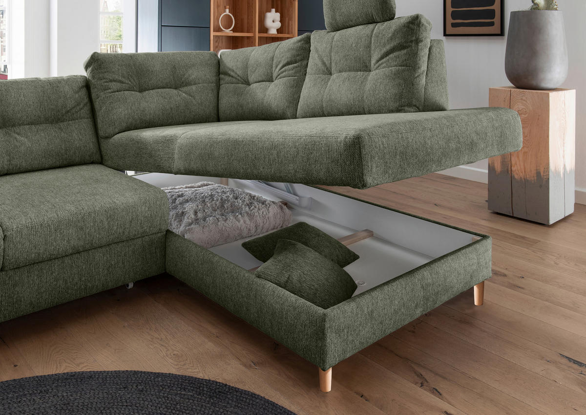 ECKSOFA in Chenille Dunkelgrün  - Dunkelgrün/Naturfarben, Modern, Holz/Textil (264/206cm) - Livetastic