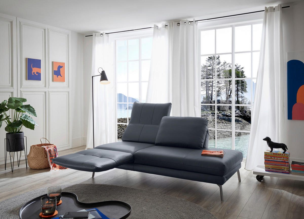 RÉCAMIERE in Echtleder Dunkelblau, Blaugrau  - Chromfarben/Blaugrau, Design, Leder/Metall (209/85-109/95-16cm) - Dieter Knoll
