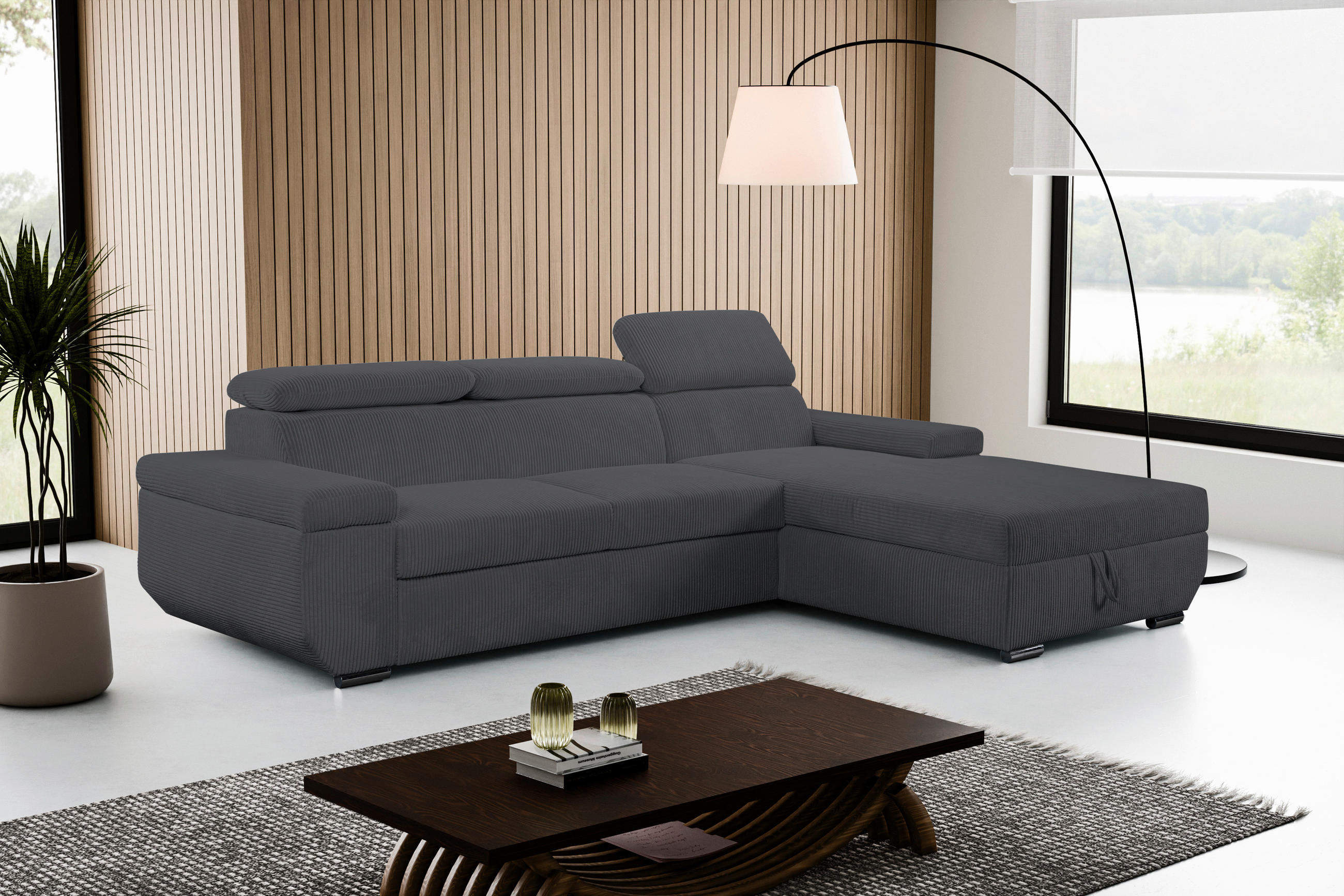 ECKSOFA LARS Anthrazit Cord  - Chromfarben/Anthrazit, Design, Kunststoff/Textil (268/189cm) - Livetastic