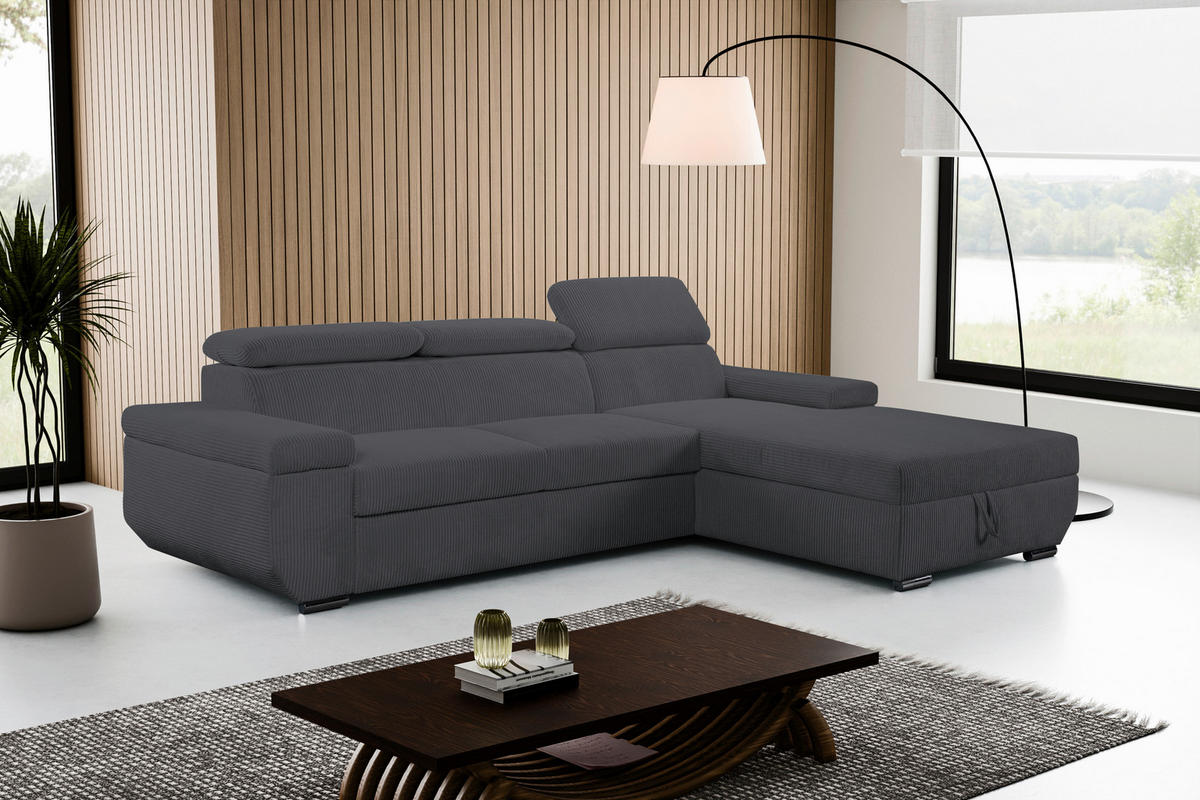 ECKSOFA LARS Anthrazit Cord  - Chromfarben/Anthrazit, Design, Kunststoff/Textil (268/189cm) - Livetastic
