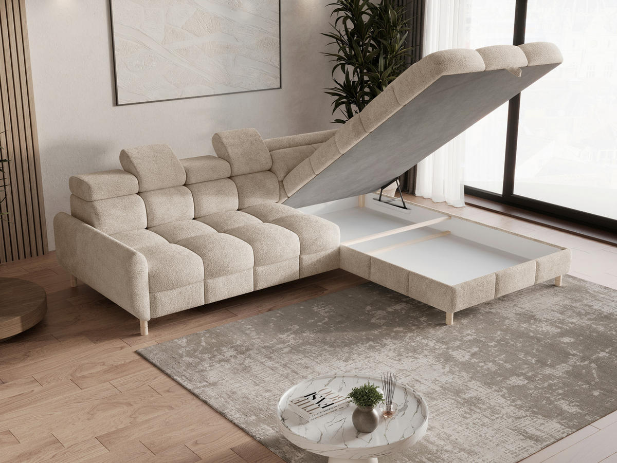 ECKSOFA BUN in Bouclé Beige  - Elfenbein/Beige, Design, Holz/Textil (276/209cm) - MID.YOU
