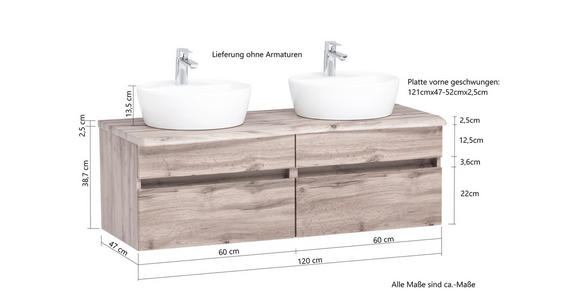 WASCHTISCHKOMBI 121 cm  - Eiche Wotan/Weiß, Natur, Keramik/Holzwerkstoff (121cm) - Xora