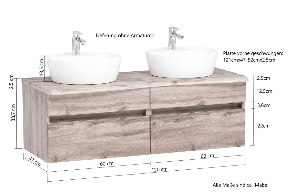 WASCHTISCHKOMBI 121 cm  - Eiche Wotan/Weiß, Natur, Keramik/Holzwerkstoff (121cm) - Xora