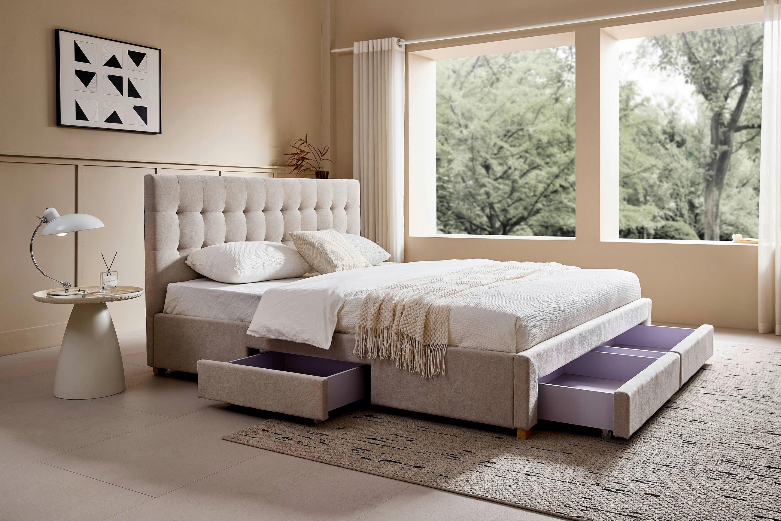 POLSTERBETT 140/200 cm, inkl. gepolstertes Kopfteil, Lattenrost, Bettschubladen,  in Beige  - Beige/Naturfarben, Design, Holz/Textil (140/200cm) - Boxxx