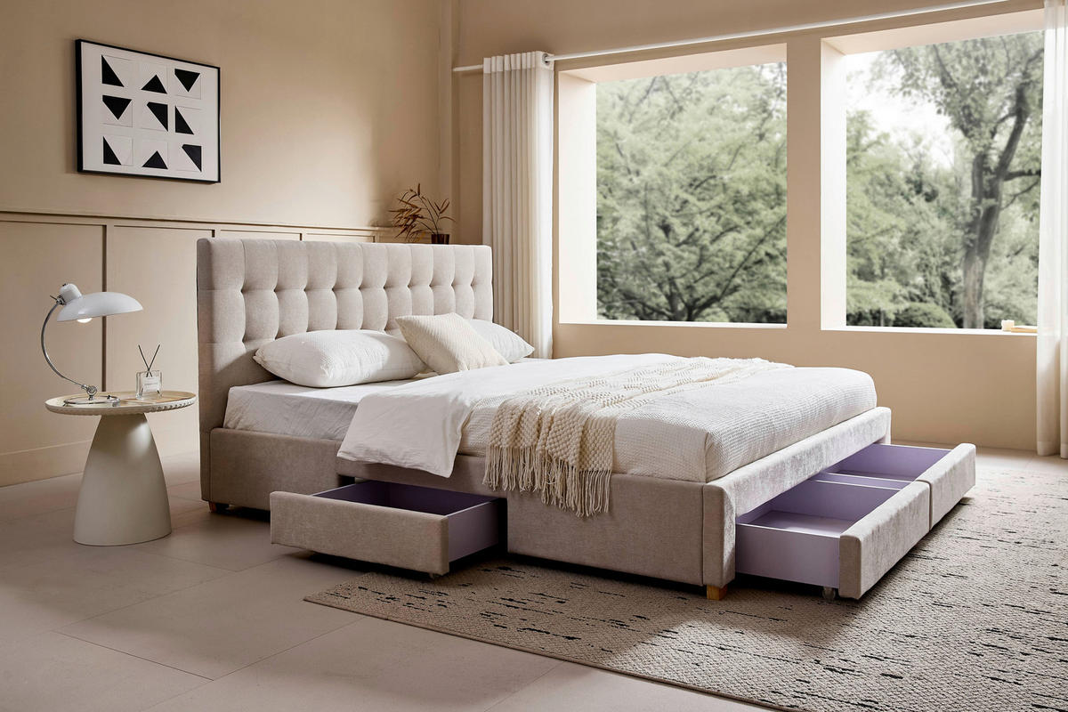 POLSTERBETT 140/200 cm, inkl. gepolstertes Kopfteil, Lattenrost, Bettschubladen,  in Beige  - Beige/Naturfarben, Design, Holz/Textil (140/200cm) - Boxxx
