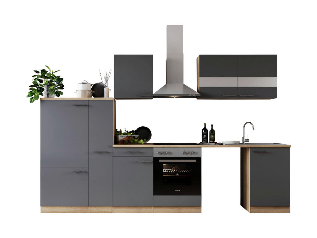 KÜCHENBLOCK 310 cm   in Grau  - Edelstahlfarben/Eichefarben, Basics, Glas/Holzwerkstoff (310cm) - Respekta