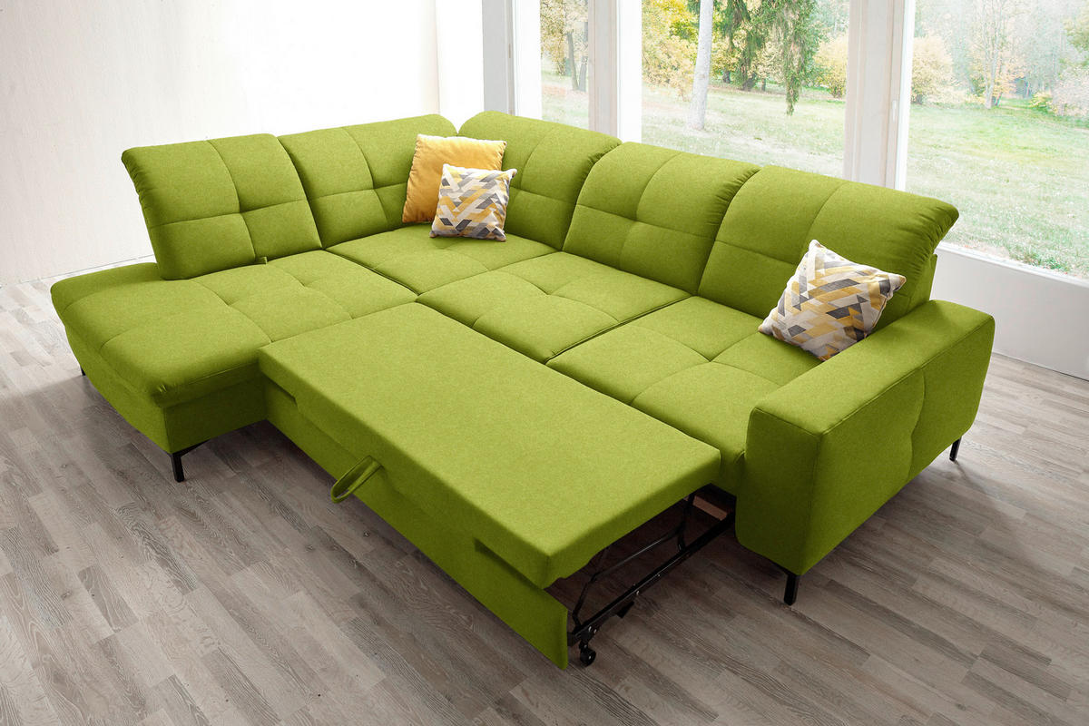 ECKSOFA in Chenille Limette  - Limette/Schwarz, Design, Textil/Metall (240/308cm) - Xora