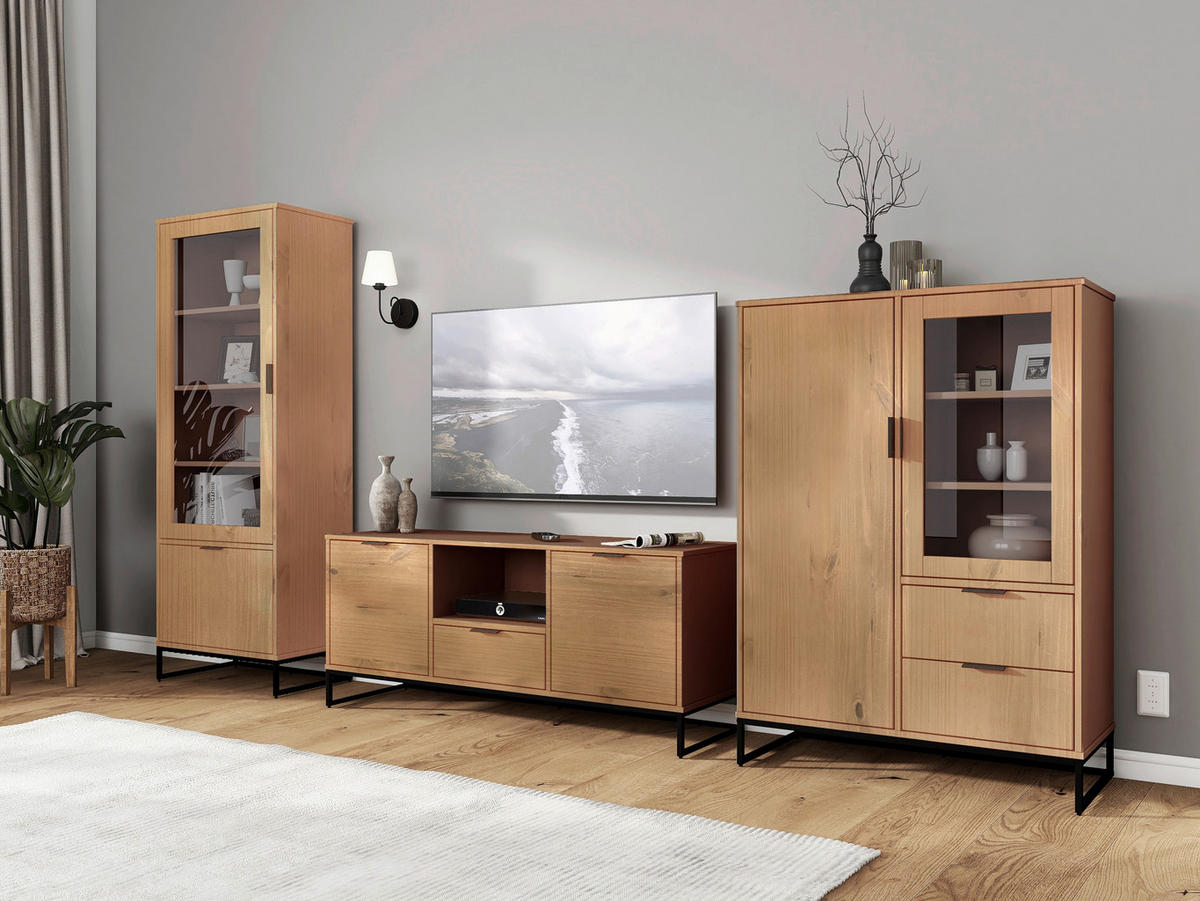 VITRINE in massiv Kiefer Eichefarben  - Eichefarben/Schwarz, Design, Holz/Metall (70/190/45cm) - Livetastic
