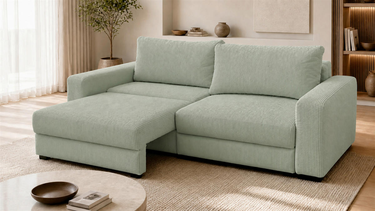 3-SITZER-SOFA Cord Mintgrün  - Schwarz/Mintgrün, Basics, Holz/Textil (250/90/110cm) - MID.YOU