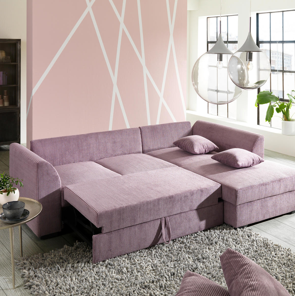 ECKSOFA in Cord Pflaume  - Pflaume/Schwarz, Design, Kunststoff/Textil (259/174cm) - Cantus