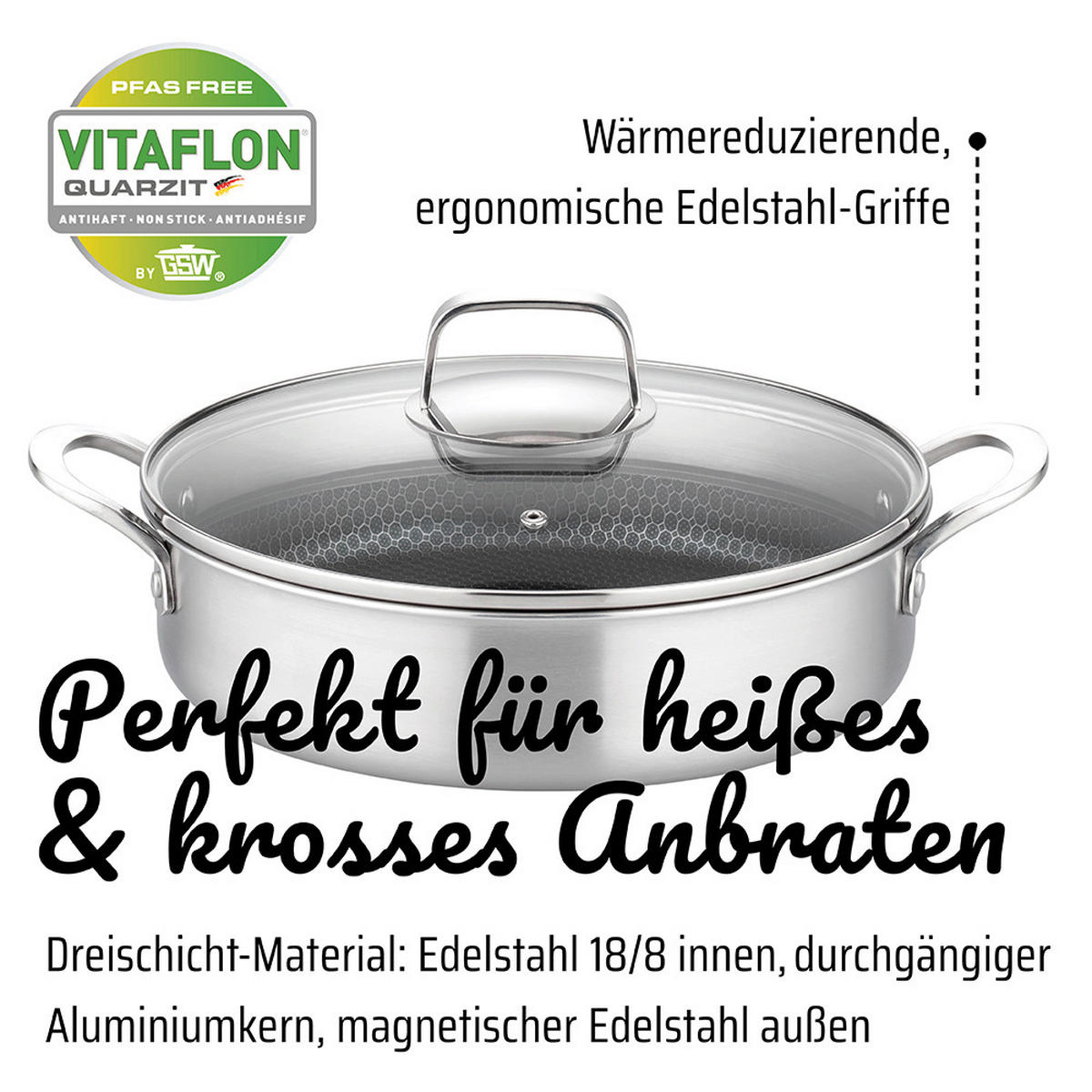 SERVIERPFANNE INOXXA BLACK Vitaflon® Quarzit Beschichtung 28 cm  - Edelstahlfarben, Basics, Metall (28cm) - GSW