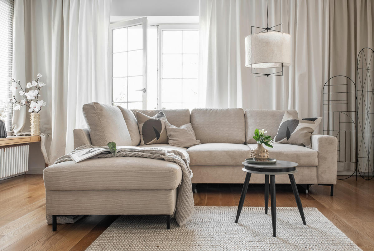 ECKSOFA in Cord Beige  - Beige/Schwarz, Design, Textil/Metall (197/237cm) - MID.YOU