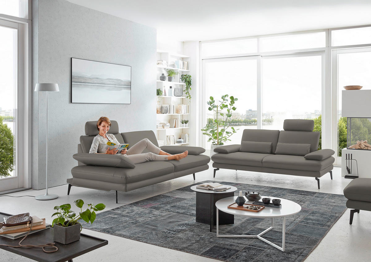 3-SITZER-SOFA in Echtleder Hellgrau  - Hellgrau/Schwarz, Design, Leder/Metall (222/86/104cm) - Dieter Knoll