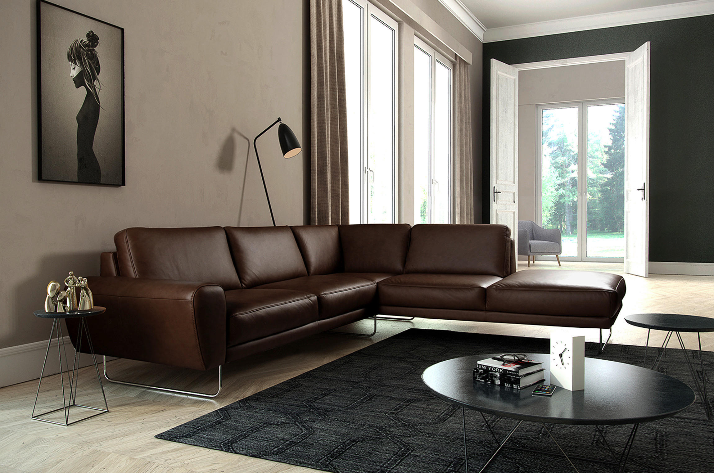 P & B Ecksofa Spring Chrom, Dunkelbraun 273x250 cm
