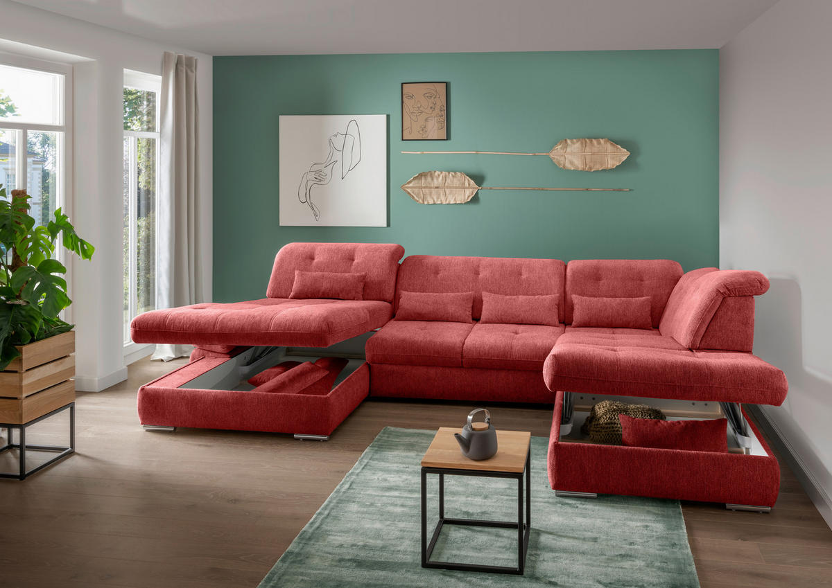 WOHNLANDSCHAFT in Chenille Rot  - Chromfarben/Rot, Design, Textil/Metall (195/376/254cm) - Livetastic
