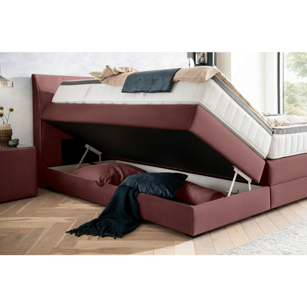 Thumbnail - Novel Boxspringbett, Bordeaux, Textil, Wenge, H2, 7-Zonen, Höhe ca. 27 cm, 160x200 cm, Bettkasten, gepolstertes Kopfteil...