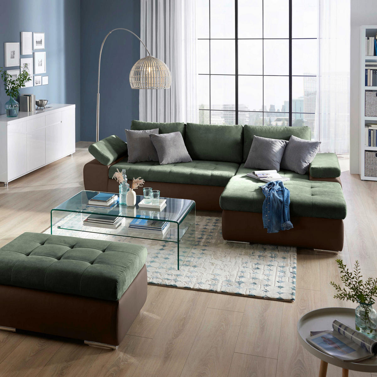 SEDEŽNA GARNITURA, gladka tkanina olivno zelena , rjava  - barve niklja/olivno zelena, Design, umetna masa/tekstil (271/175cm) - Xora