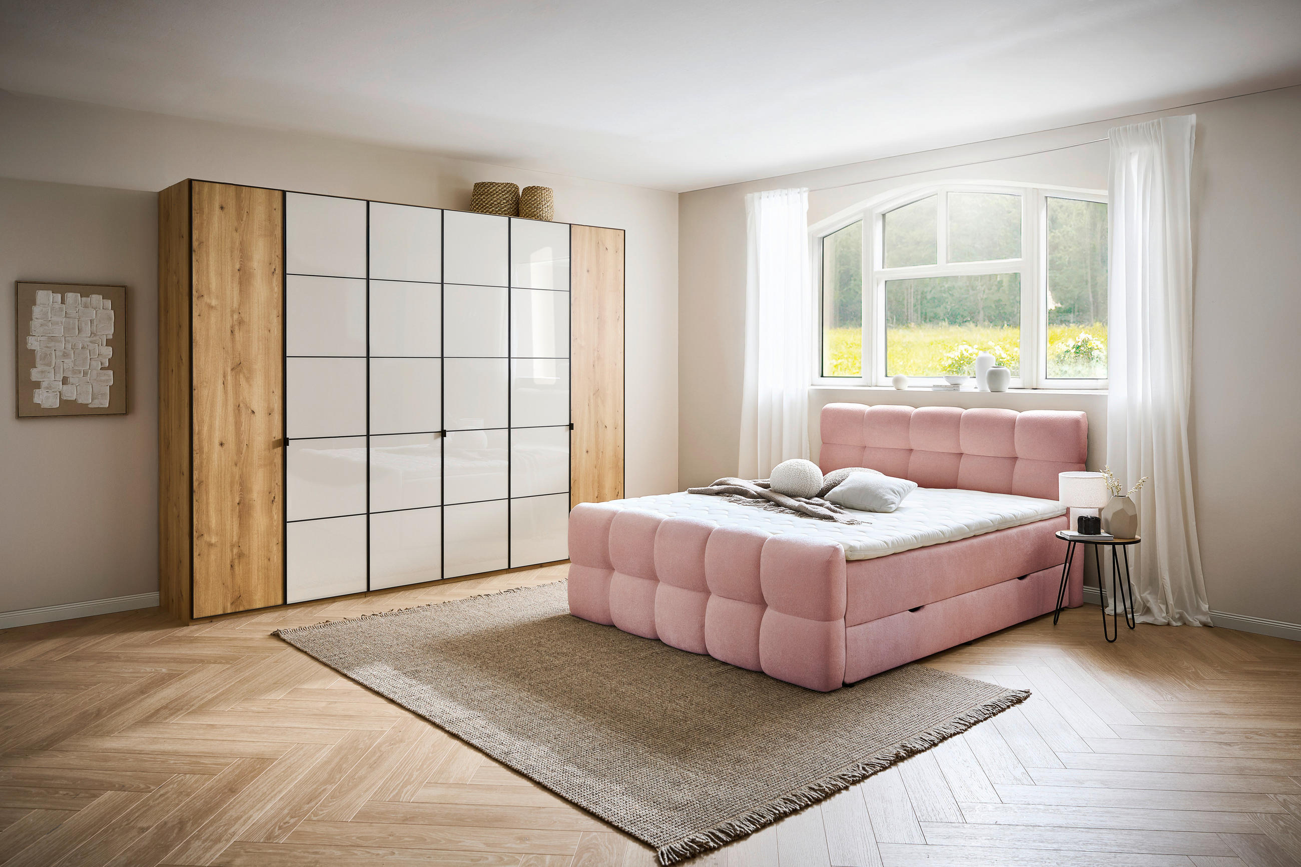 Thumbnail - Moderano Boxbett, Rosa, Textil, H3, 5-Zonen, Höhe ca. 24 cm, 180x200 cm, gepolstertes Kopfteil, Topper durchgehend, Härt...