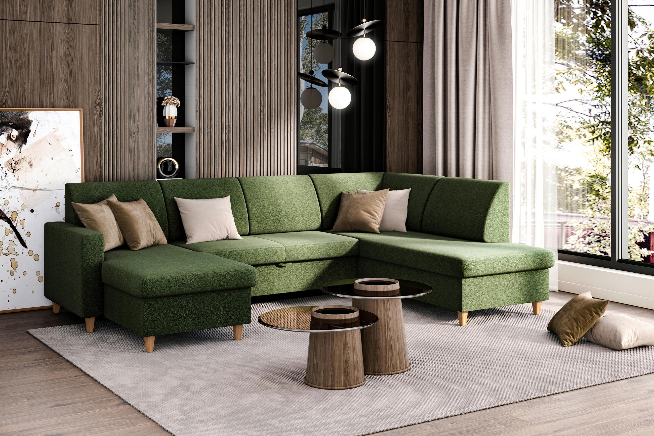 WOHNLANDSCHAFT NIKAS in Bouclé Grün  - Buchefarben/Grün, Design, Holz/Holzwerkstoff (310/160/145cm) - MID.YOU