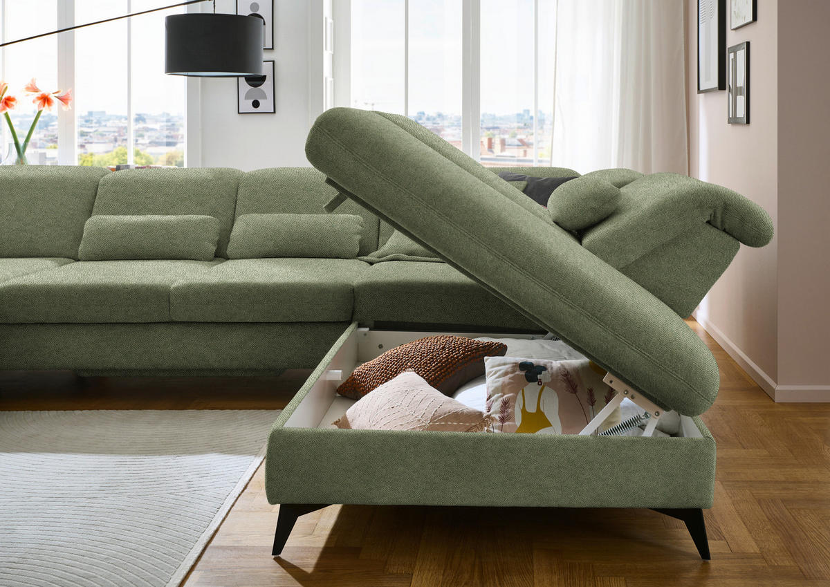 WOHNLANDSCHAFT  in Chenille Olivgrün  - Schwarz/Olivgrün, Design, Textil/Metall (198/369/255cm) - Beldomo Style