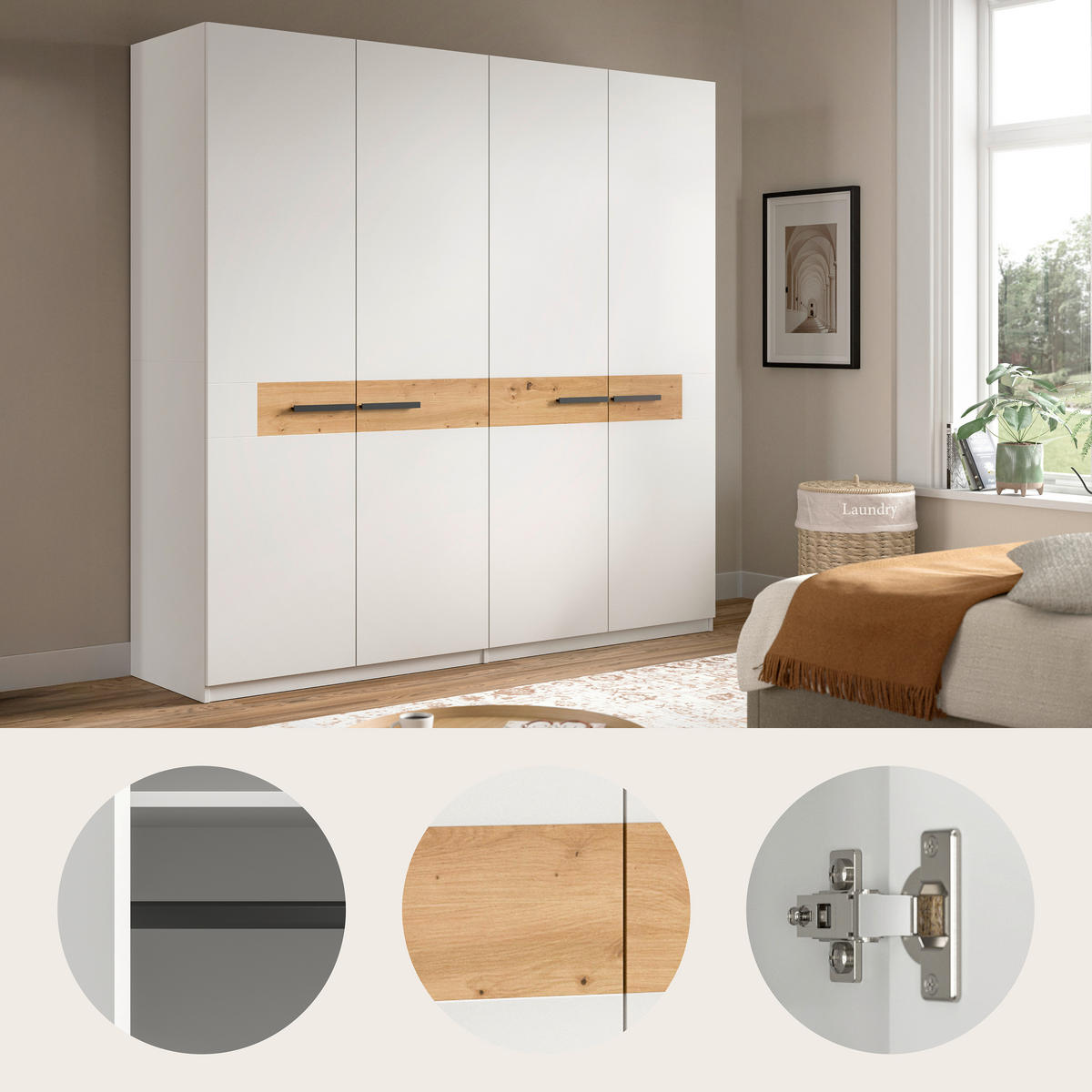 DREHTÜRENSCHRANK 200/201/55 cm,  in Weiß, Eiche Artisan, 4-türig  - Schwarz/Weiß, ROMANTIK / LANDHAUS, Holzwerkstoff/Kunststoff (200/201/55cm) - Livetastic