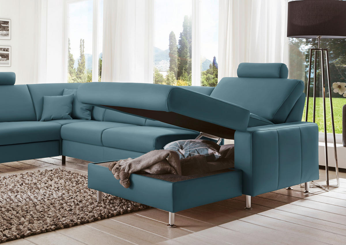 WOHNLANDSCHAFT in Echtleder Blau  - Blau/Alufarben, Design, Leder/Metall (233/339/165cm) - Beldomo Premium