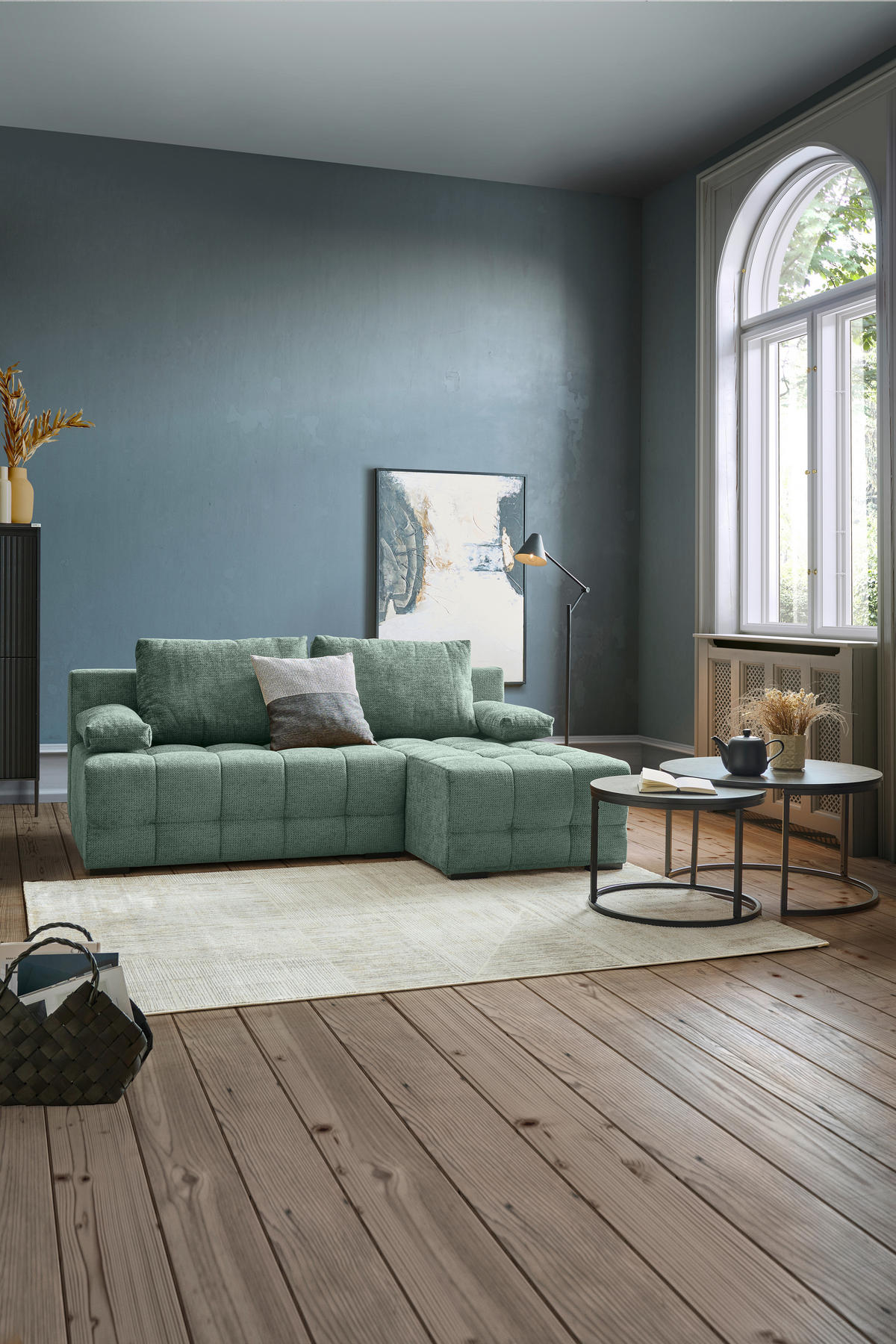 ECKSOFA Dunkelgrün Chenille  - Dunkelgrün/Schwarz, MODERN, Kunststoff/Textil (204/145cm) - home24